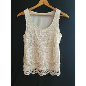 𝅺Apt 9 Womens Pullover Top Lined Sleeveless Ivory Crochet Lace Cotton PL
